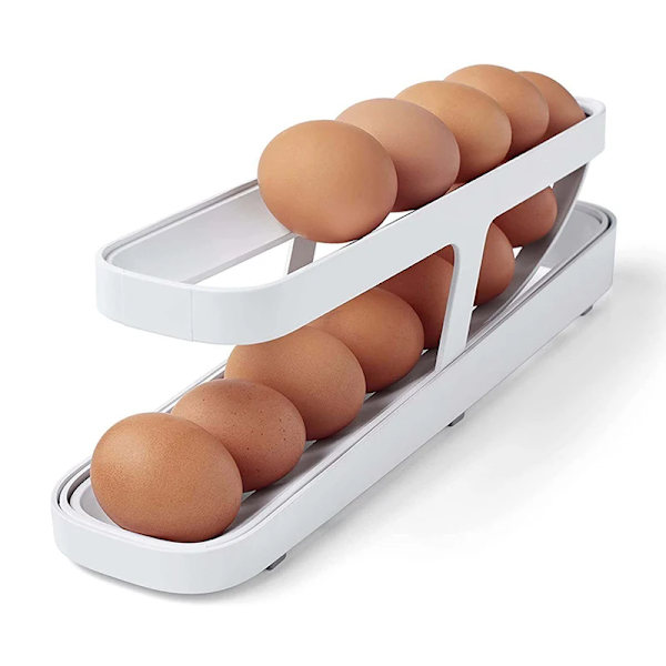 Rullende Ægdispenser Køleskabsorganisatorer Beholder Opbevaringsboks Automatisk Glidende Spiral Æggholder Hjemmekøkken Gadgets White