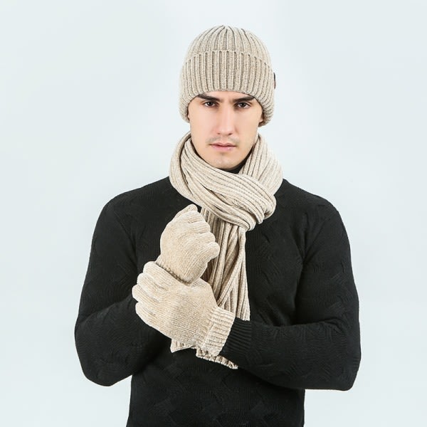 Varma scarfhatthandskar Tredelad set av solid ribbad stickad ullm?ssa filtscarf (beige)