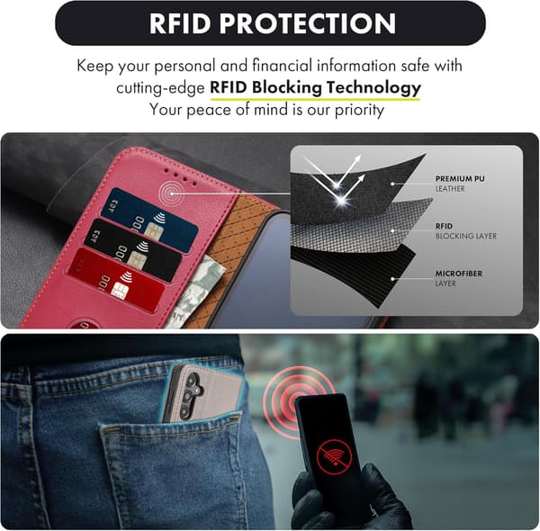 Samsung Galaxy A15 5G Läderfodral med Stativ & RFID-skydd[JUN] Crimson Red