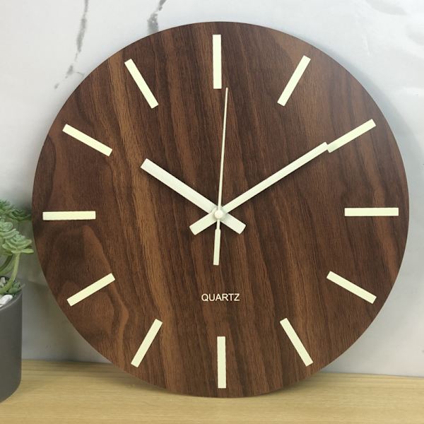 12 Tommer Lysende Vægur Trædesign Stille Nattlampe Rund Vægur til Stue og Soveværelse