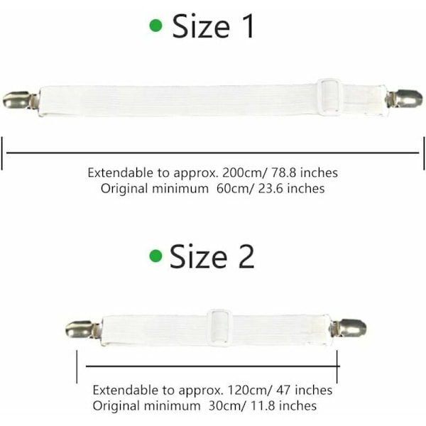 Set med 4 sängkläder tillbehör justerbar lakansträckare elastiskt bandfäste, för lakan, soffa, strykbrädsöverdrag - 30cm till 120cm, vit