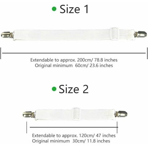 Set med 4 sängklädestillbehör justerbar lakansträckare elastisk remfäste, för lakan, soffa, strykbrädesöverdrag - 30cm till 120cm, vit