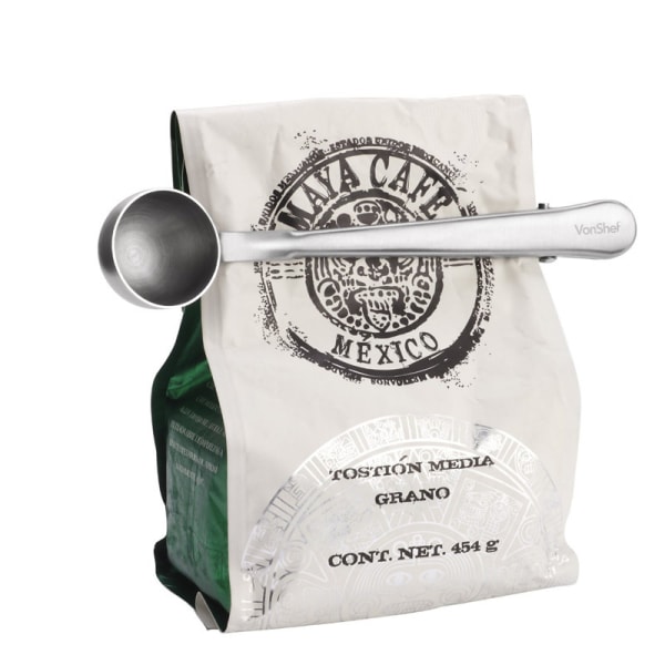 Kaffeskopa med påsklämma，mätsked i rostfritt stål med