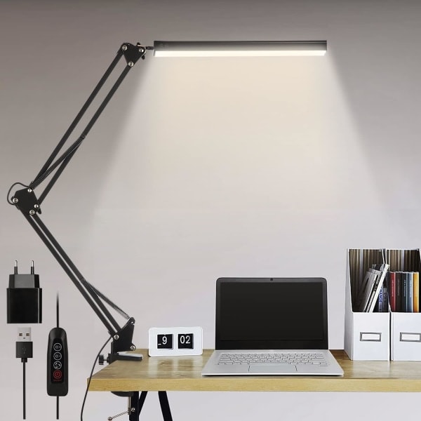 LED skrivebordslampe, 14W sammenleggbar arkitektlampe med klips, 10 lysstyrkenivåer x 3 fargemoduser, justerbar bordlampe, øyevern