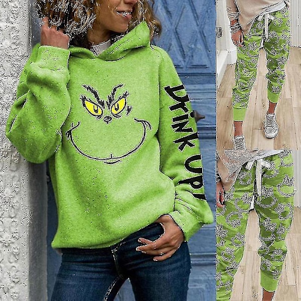 Kvindes Print Casual og Grinch Face Drink Up Juletrøjer_xush Hoodie Hoodie M