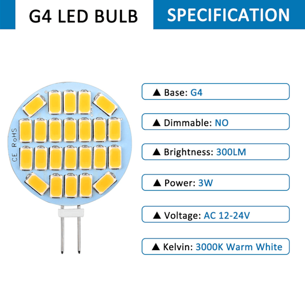 G4 LED 3W, AC12-24V, 300LM Varmvitt 3000K, 24x5730 SMD 6-pack
