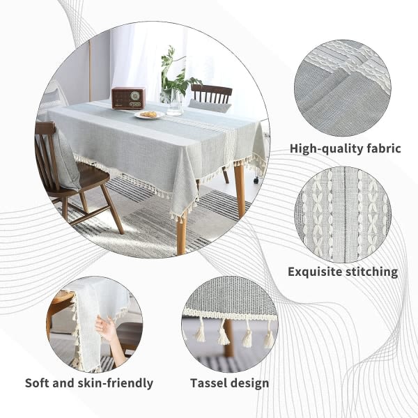 Rektangulär bordsduk i bomull och linne, skrynkelfri, tvättbar, återanvändbar duk för kök, matsal, dekoration, grå (140x180cm)