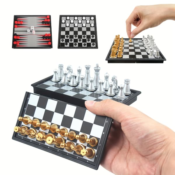 Mini magnetisk sjakkbrettspillsett - Bærbart sammenleggbart reisesjakk, backgammon og dam Chess