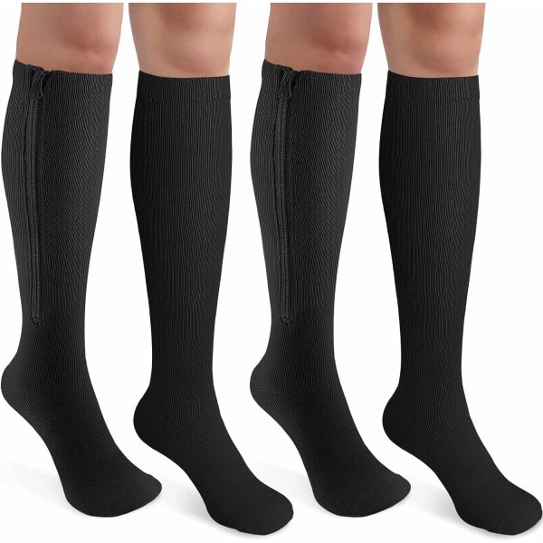 2 Pairs Women Men Zipper Compression Socks 15-20mmHg Closed Toe