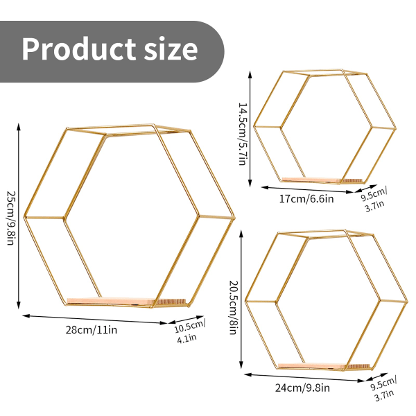 Hexagon metall vägghyllor set om 3, dekorativ hängande hylla