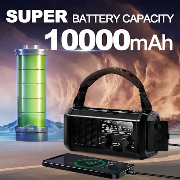 10000mAh Nødoverlevelsesradio med sol- og håndsvingoplader[JUN]