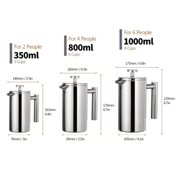 350 ml dobbelt vægget rustfrit stål fransk presse kaffemaskine med rustfrit stålfilter, kaffekande isoleret kaffekande pressefilterkande kaffepresse