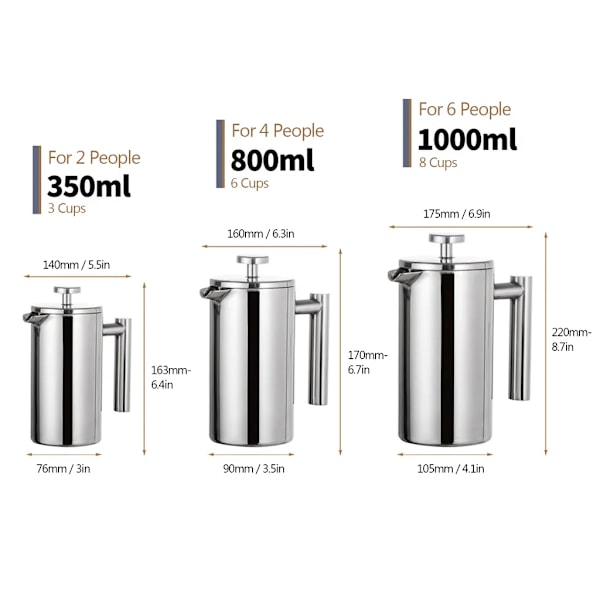 350 ml dobbeltlags rustfrit stål fransk presse kaffebrygger med rustfrit stål filter, kaffekande isoleret kaffekande Press Filterkande Kaffepresse