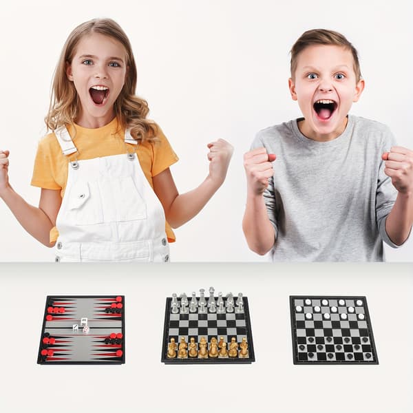 Mini magnetiskt schackbrädespelset - Bärbart hopfällbart reseschack, backgammon och dam Chess