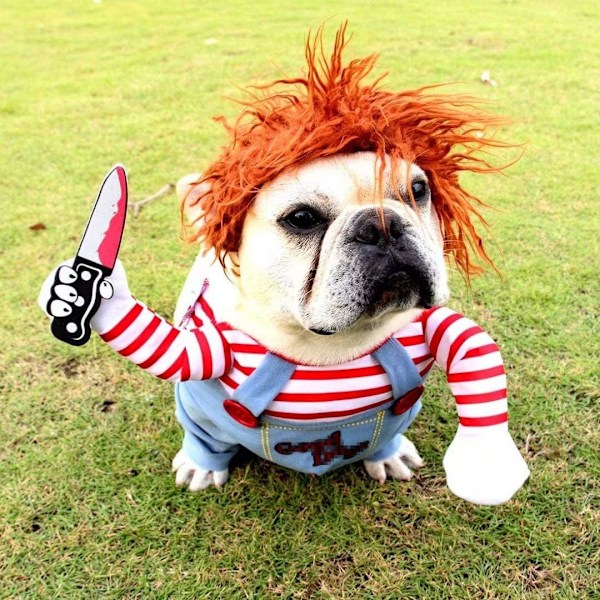 Dödsdocka Kostym för Hundar - Läskig Halloween Cosplay Chucky Docka Hundkostym med Hatt - Rolig Fest & Julkläder - Passar Stora & Små Hundar