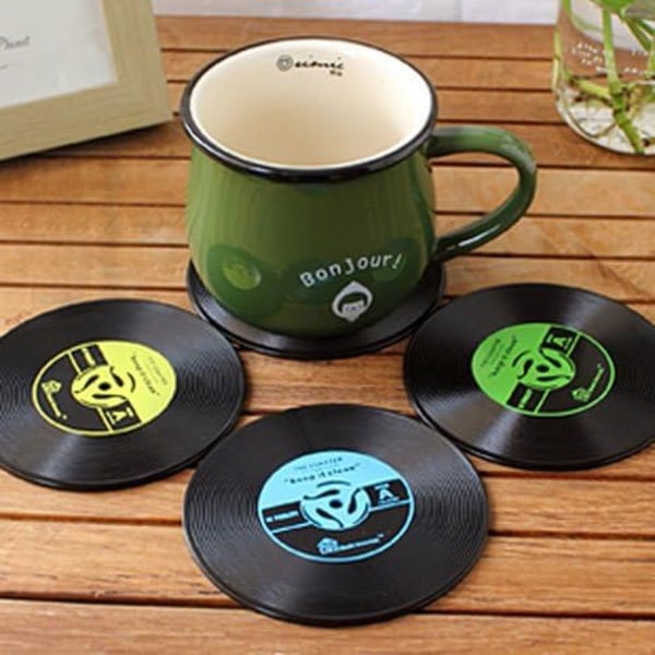 4x Retro CD-underlag, vinyl, kaffe, drikke, skåler