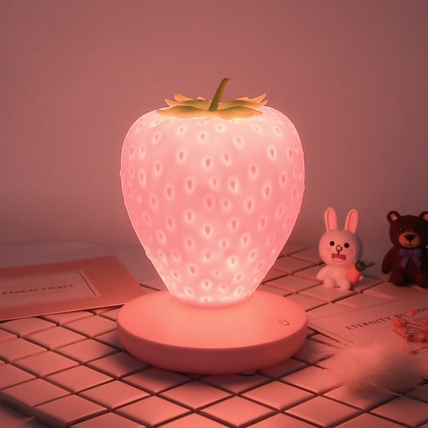 Frukt Jordgubbe Silikon Nattljus LED Ögonskydd Touch Atmosphere Light Barns tecknade USB laddning Sängbordslampa
