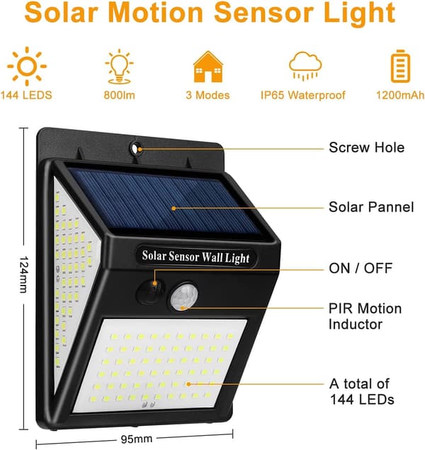 Bevægelsessensor Solcellelamper Udendørs [2-pak 144 LED][JUN]