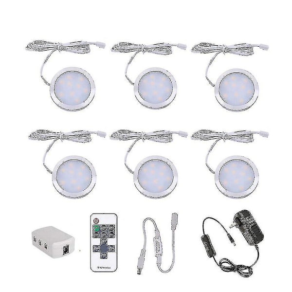 12V Dæmpbar LED Puck Lys Sæt, 6 Slanke Aluminium Underskabslamper [JUN]