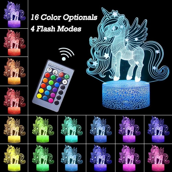 3D Unicorn Night Light, 16 färgskiftande 3D-lampa med fjärrkontroll