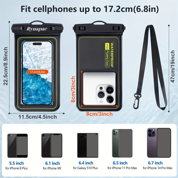 IPX8 Flydende Telefonpose med Snor til Svømning, Universal op til 6,8 Tommer Black