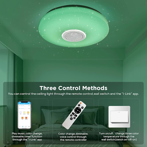 36W dimbar LED-taklampe, Bluetooth-høyttaler, lys med fjernkontroll/app-kontroll, RGB-fargeendring, taklampe for