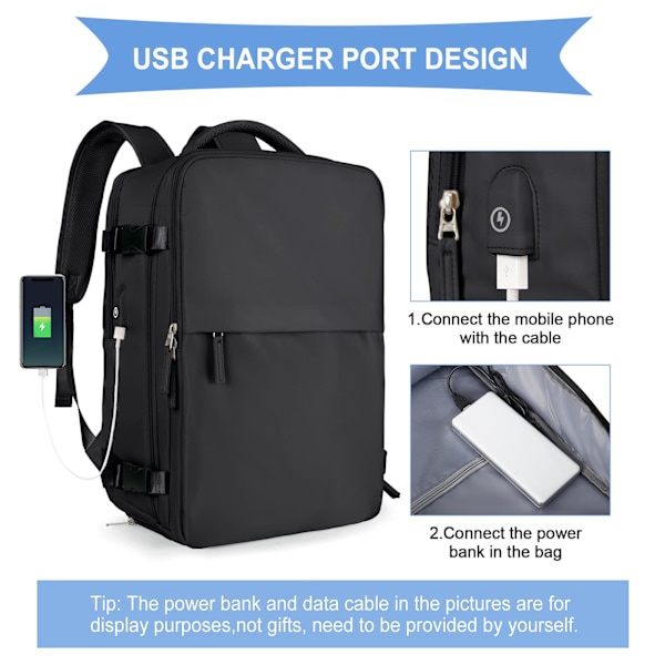 Kabinveske 45x30x16 Undersete Ryggsekk for Flyplass Håndbagasje Undersete Carry On Ryggsekk Laptopveske Dame Reise Ryggsekk med Skopose, D black