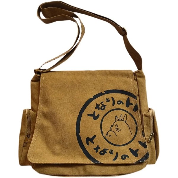 Min granne Totoro Canvas Messenger Bag Cartoon Student Book Messenger Bag med flera fickor Khaki