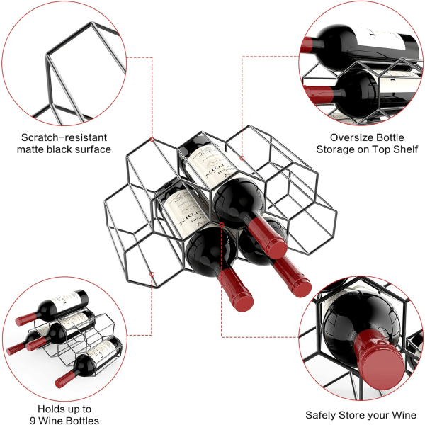 Frittstående vinstativ i metall for 9 flasker - honeycomb design, svart, vinstativ for kjøkkenbenk