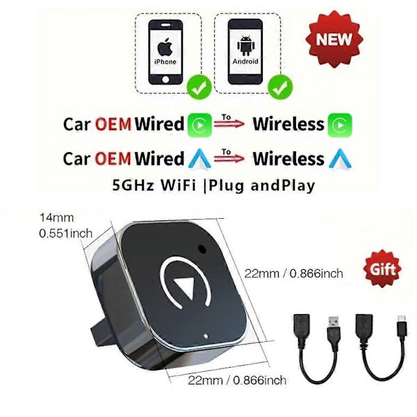 Trådløs CarPlay/Android Auto-adapter for iPhone og Android - Plug & Play USB-dongle [JUN]