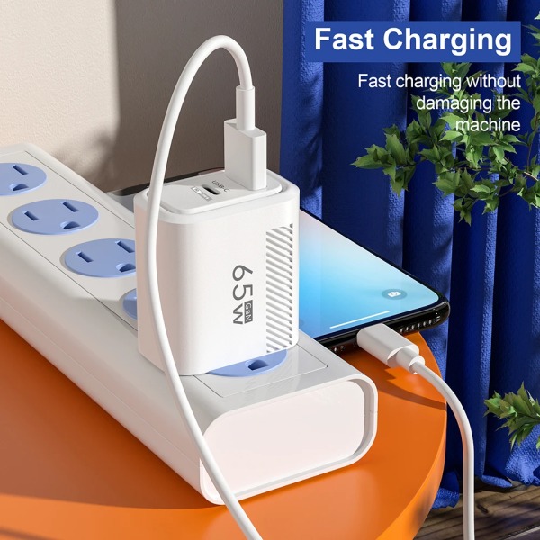 Snabbladdningsadapter USB C, laddare GaN PD 65W, Samsung S22, S21, iPhone 14, 13, Xiaomi, Huawei, LG, Quick Charge 3.0 US White
