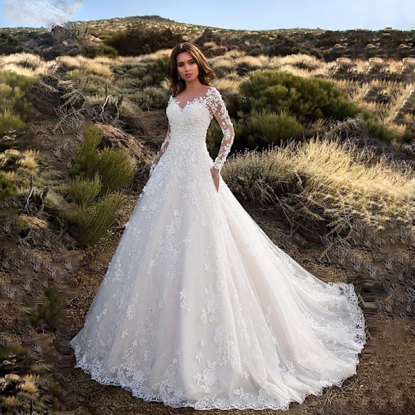 Langærmet one shoulder hvid brudekjole til kvinder, bryllupskjole til bryllup, brudepigekjoler, superb hvid White White XXL