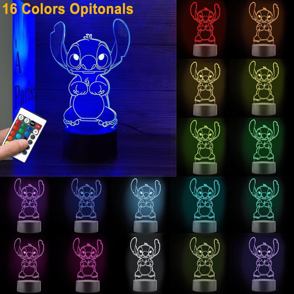 Stitch 3D LED-bordlampa, 16 färger fjärrkontroll, Stitch julklappslampa, barnrumsdekoration