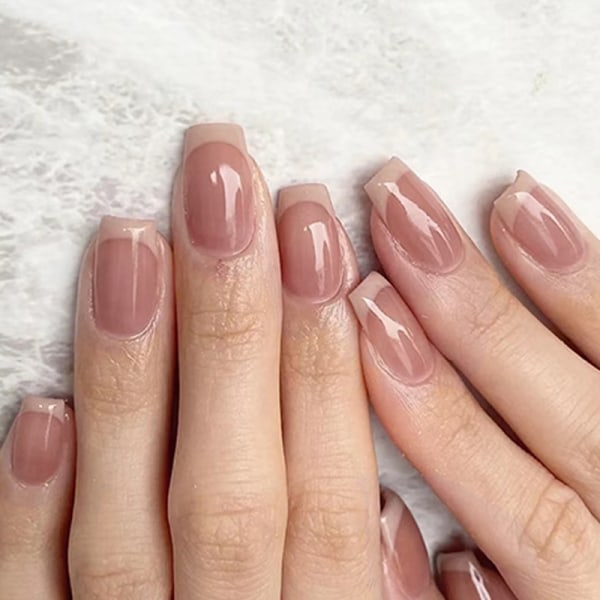 Tryck på naglar Korta franska tips Fure Nails Square Pink