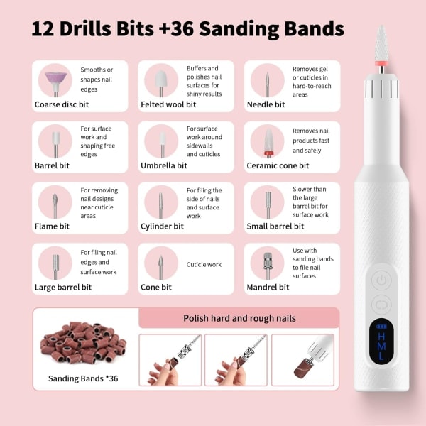 Elektrisk nagelfil sladdlös akryl nagelkit med keramiska nagelbitar, slipband, bärbar uppladdningsbar e-fil set för akryl gelnaglar, manikyr