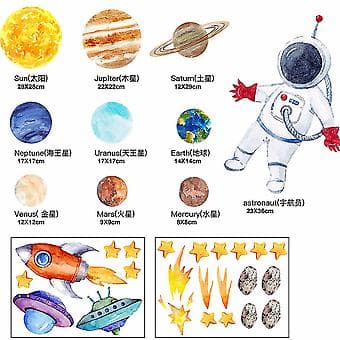 Vægmærkater med rumtema til børneværelset, planeter, stjerner og astronaut-mærkatsæt til børneværelse [JUN]