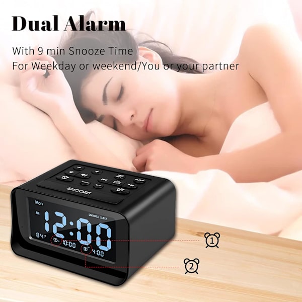Klockradio med dubbla alarm, digital väckarklocka med 2 USB-laddningsportar, 0-100% dimbar, justerbar volym, inomhustermometer (Svart)