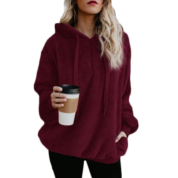 Blød og fluffy sweatshirt til kvinder, efterår og vinter, varm lynlås op hættetrøje pullover med S S Wine Red