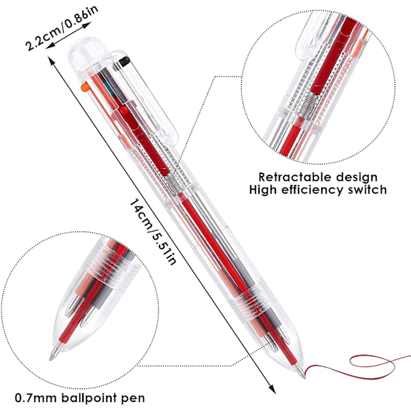 6-pakke 6-i-1 flerfargede kulepenner, 0,7 mm innfellbare kulepenner, flerfargede blekkpenner