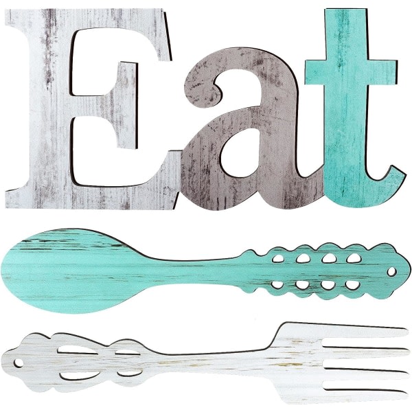 Set med EAT-skylt, gaffel och sked väggdekor, rustik trä matdekoration, söta ätbokstäver för kök och hem, dekorativa hängande träbokstäver, Coun
