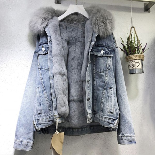 Dam Denim Fleece Tykk Vinterjakke Avtakbar Bomullsdenimjakke Fôret Jakke Jeans Med Pels Varm Vinterjakke Hetteskjerf Yttertøy L