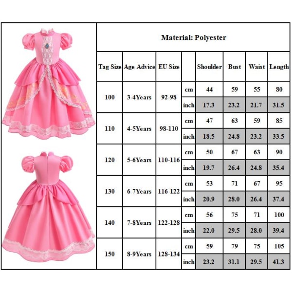 Super Mario Brothers Barn Prinsesse Peach Kjole til Halloween 130cm