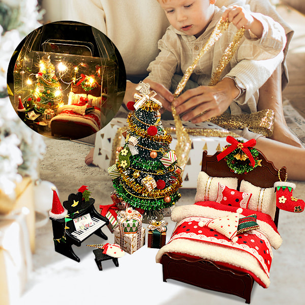 DIY Jule Miniature Dukkehus Kit Realistisk 3D Hus Rum Håndværk med Seng Tæppe Pude Piano Lamper Julekrans Juletræ Julegave 0.2