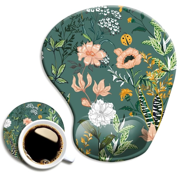 Ergonomisk musmatta med handledsstöd, söta musmattor med halkfri PU-bas för hemmakontor, arbetsstudier, enkel skrivning och smärtlindring mörkgrå Floral Dark Green
