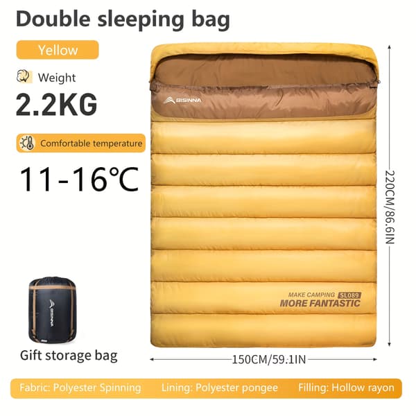 Dobbelt sovepose til camping, vandreture, rejser, 2 personer, rektangulær 2.2kg Yellow
