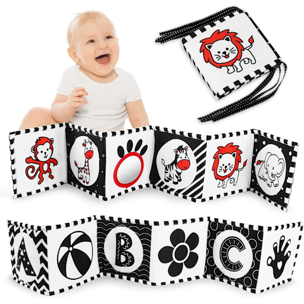 Black and White Baby Book, Baby Soft Books, Foldable Soft Fabric with High Contrast Quiet Book for 6-12 Months and Toddlers(Black)