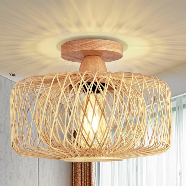 Vintage Bamboo Riippuvalaisin - Retro Rattan Kattovalaisin E27 Boho Riippuva Valaisin Ø30cm