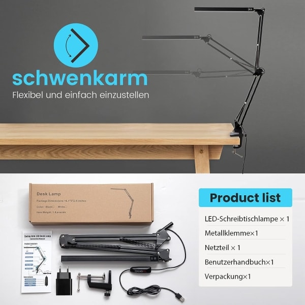 LED skrivebordslampe, 14W sammenleggbar arkitektlampe med klips, 10 lysstyrkenivåer x 3 fargemoduser, justerbar bordlampe, øyevern