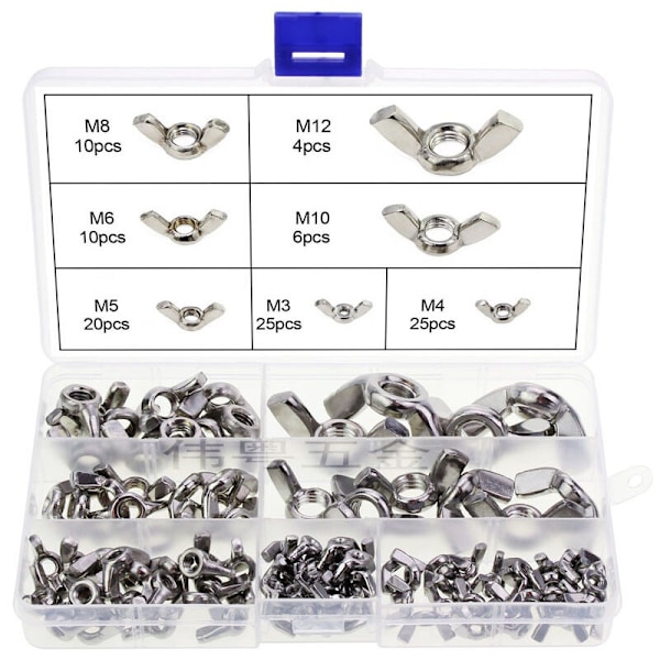 Vingmøtrikker, 100 stk rustfrit stål metrisk gevind M3 M4 M5 M6 M8 M10 M12 Butterfly Wing Nuts Sortimentssæt til gør-det-selv-værktøj