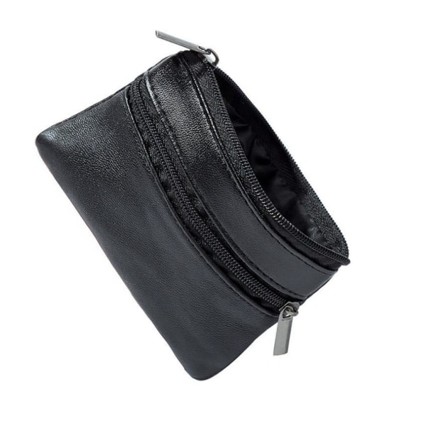 Äkta läder Liten plånbok med dragkedja - korthållare Svart